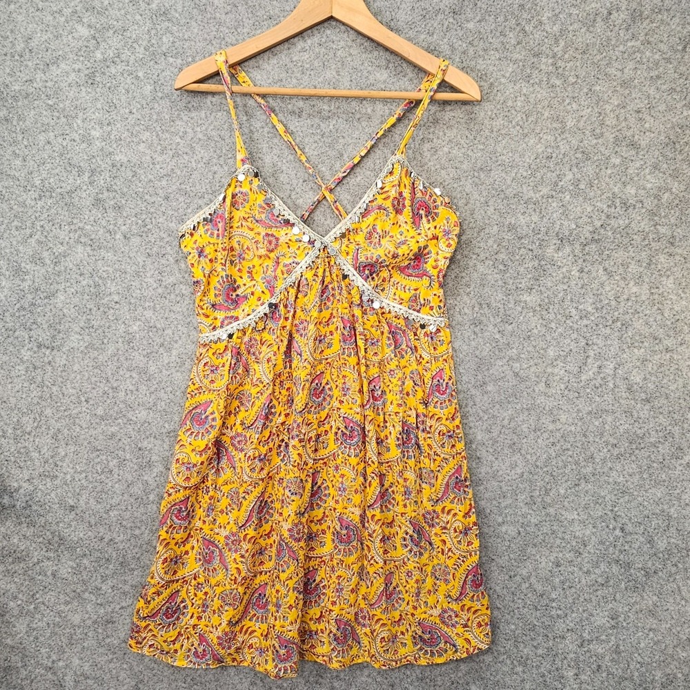 GRAHAM KANDIAH Babydoll Sun Dress Womens M Marigold Floral Sequin Festival Boho